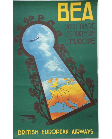 Affiche British European Airways BEA 1947, Tourisme, "BEA - VOUS OUVRE LES PORTES DE L'EUROPE - BRITISH EUROPEAN AIRWAYS"
Laverd