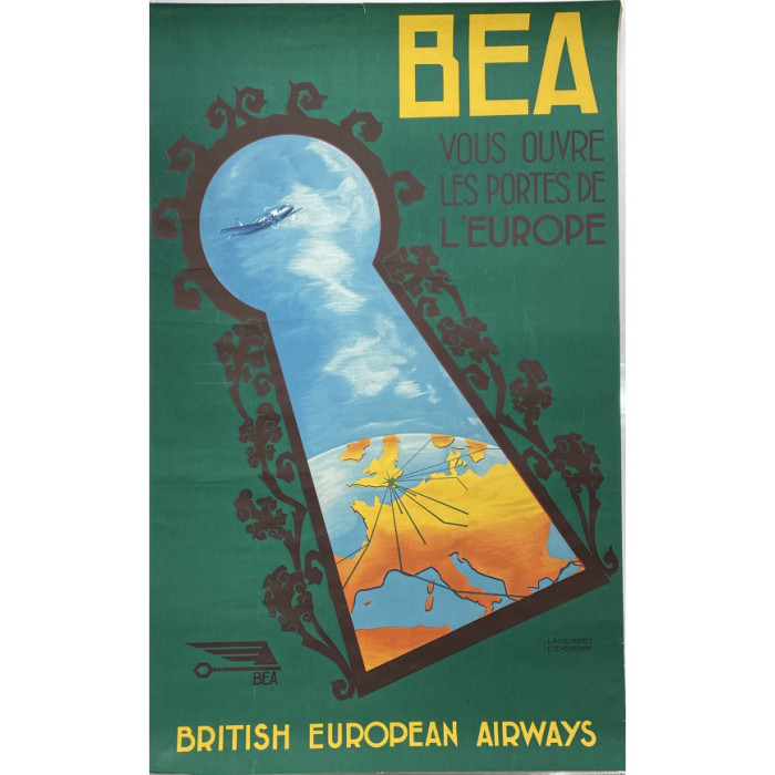 Affiche British European Airways BEA 1947, Tourisme, "BEA - VOUS OUVRE LES PORTES DE L'EUROPE - BRITISH EUROPEAN AIRWAYS"
Laverd