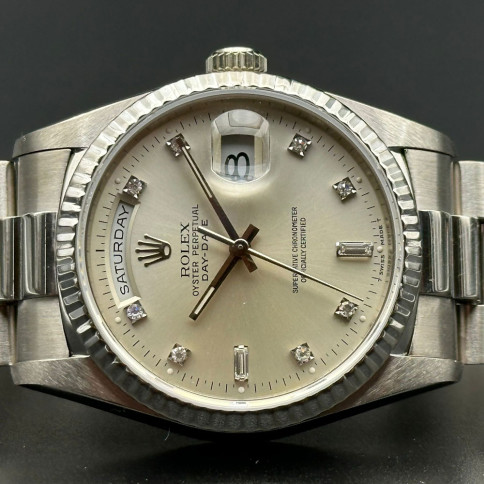 Rolex Day-date Ref 18239 Silver Dial Diamonds Index with Paper 1990