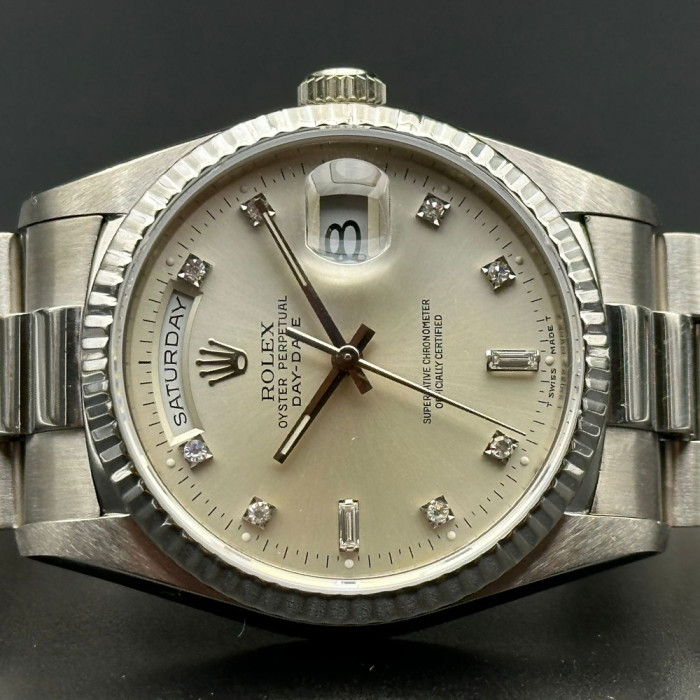 Rolex Day-date Ref 18239 Cadran Argent Index Diamants avec papier 1990