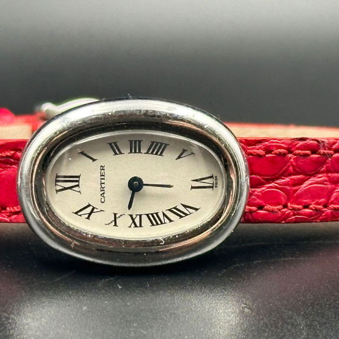 Cartier Mini Baignoire Ref 2369 quartz or blanc 18 carats bracelet rouge