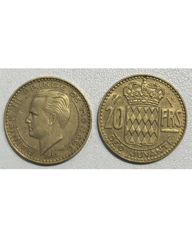 Monaco 1951 20 francs Rainier III, Monnaies, Monaco 1951 20 francs Rainier III