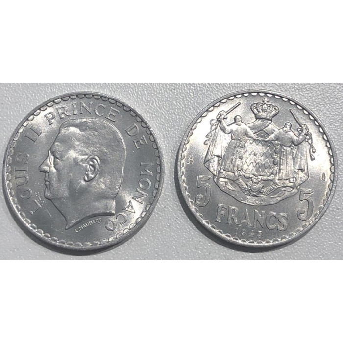 Monaco 1945 5 francs Louis II, Monnaies, Monaco 1945 5 francs Louis II