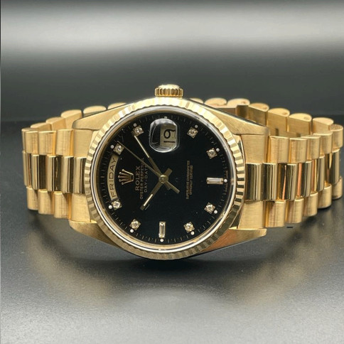Rolex Day-date Ref 18238 black dial diamonds index box and paper 1989