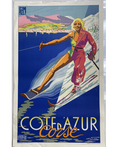 Affiche Côte d'Azur Corse PLM MOULLOT - E FER - 1955, Tourisme, Affiche Côte d'Azur Corse PLM MOULLOT - E FER 1955 Imprimeur : I