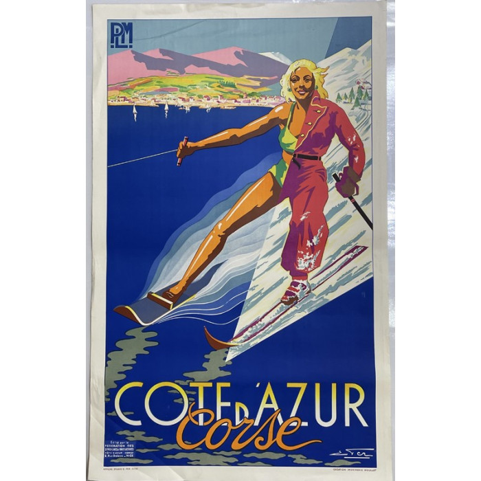 Affiche Côte d'Azur Corse PLM MOULLOT - E FER - 1955, Tourisme, Affiche Côte d'Azur Corse PLM MOULLOT - E FER 1955 Imprimeur : I